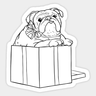 Illustrated cute english Bulldog jumping out of a present box Sticker